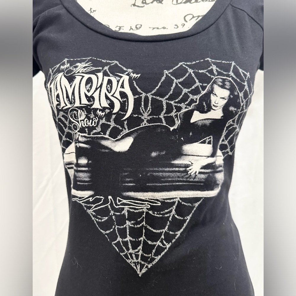 Kreepsville 666 Vampira Glitter Spiderweb Body Contour Scoop Neck Tshirt Top - Picture 3 of 4